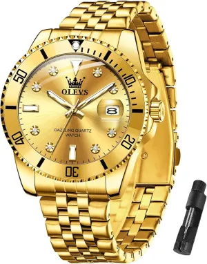 Stainless Steel Dress Mens Watches with Date Luxury Diamond Big Face dryness Waterproof Blue/Black/Green/Gold/Red Dial Relojes para Hombres OLEVS Watches for Mens 