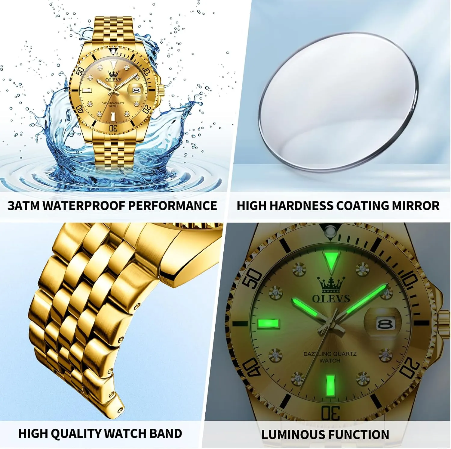Stainless Steel Dress Mens Watches with Date Luxury Diamond Big Face dryness Waterproof Blue/Black/Green/Gold/Red Dial Relojes para Hombres OLEVS Watches for Mens 