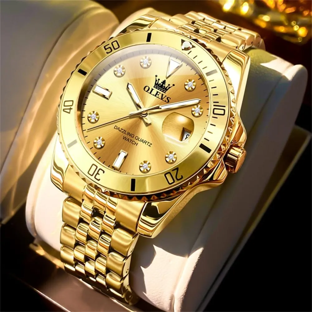 Stainless Steel Dress Mens Watches with Date Luxury Diamond Big Face dryness Waterproof Blue/Black/Green/Gold/Red Dial Relojes para Hombres OLEVS Watches for Mens 