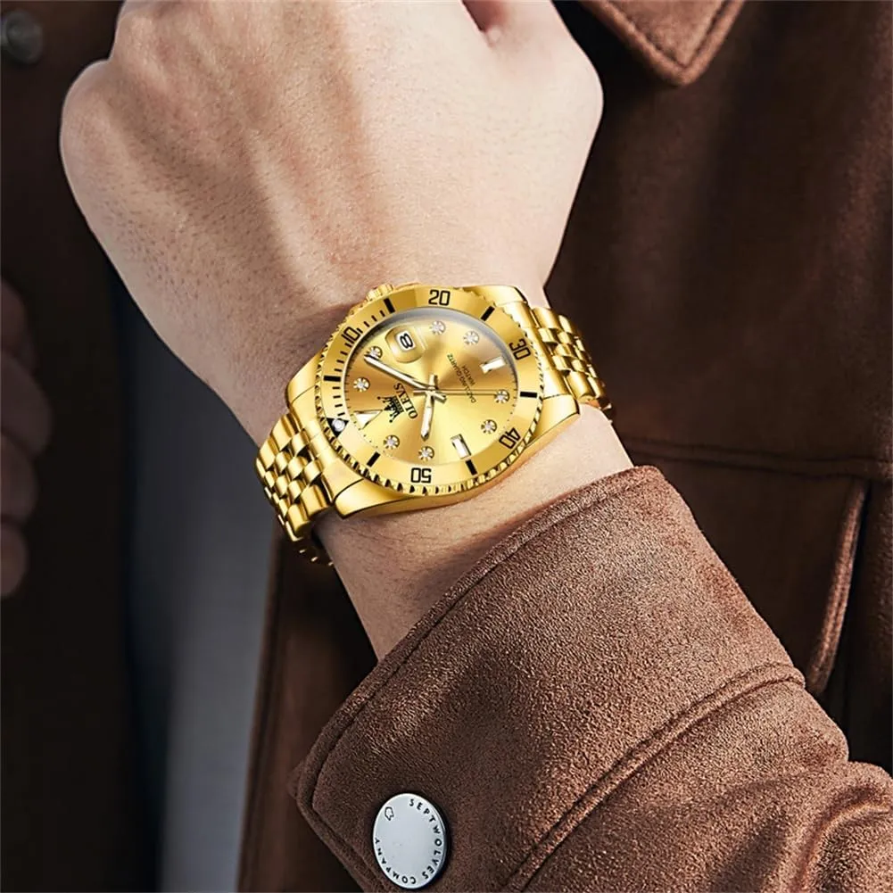 Stainless Steel Dress Mens Watches with Date Luxury Diamond Big Face dryness Waterproof Blue/Black/Green/Gold/Red Dial Relojes para Hombres OLEVS Watches for Mens 