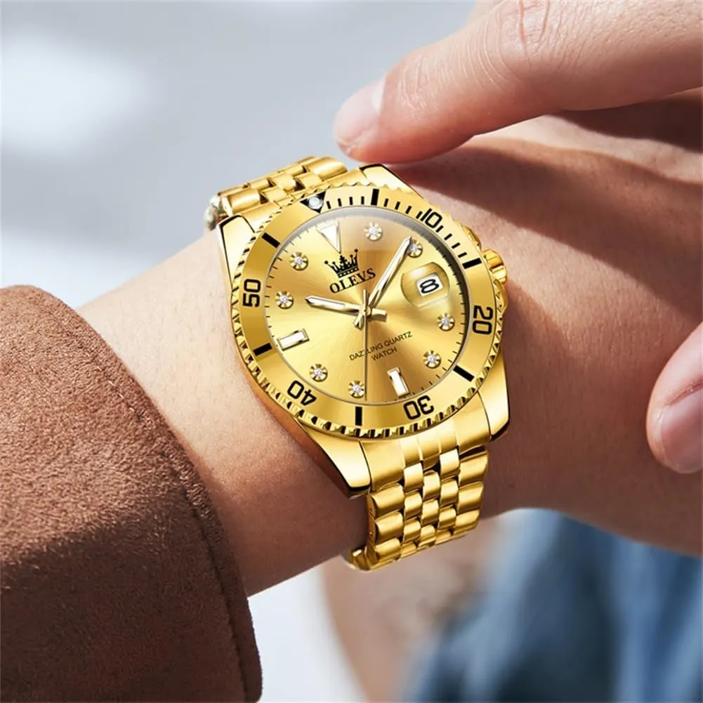 Stainless Steel Dress Mens Watches with Date Luxury Diamond Big Face dryness Waterproof Blue/Black/Green/Gold/Red Dial Relojes para Hombres OLEVS Watches for Mens 