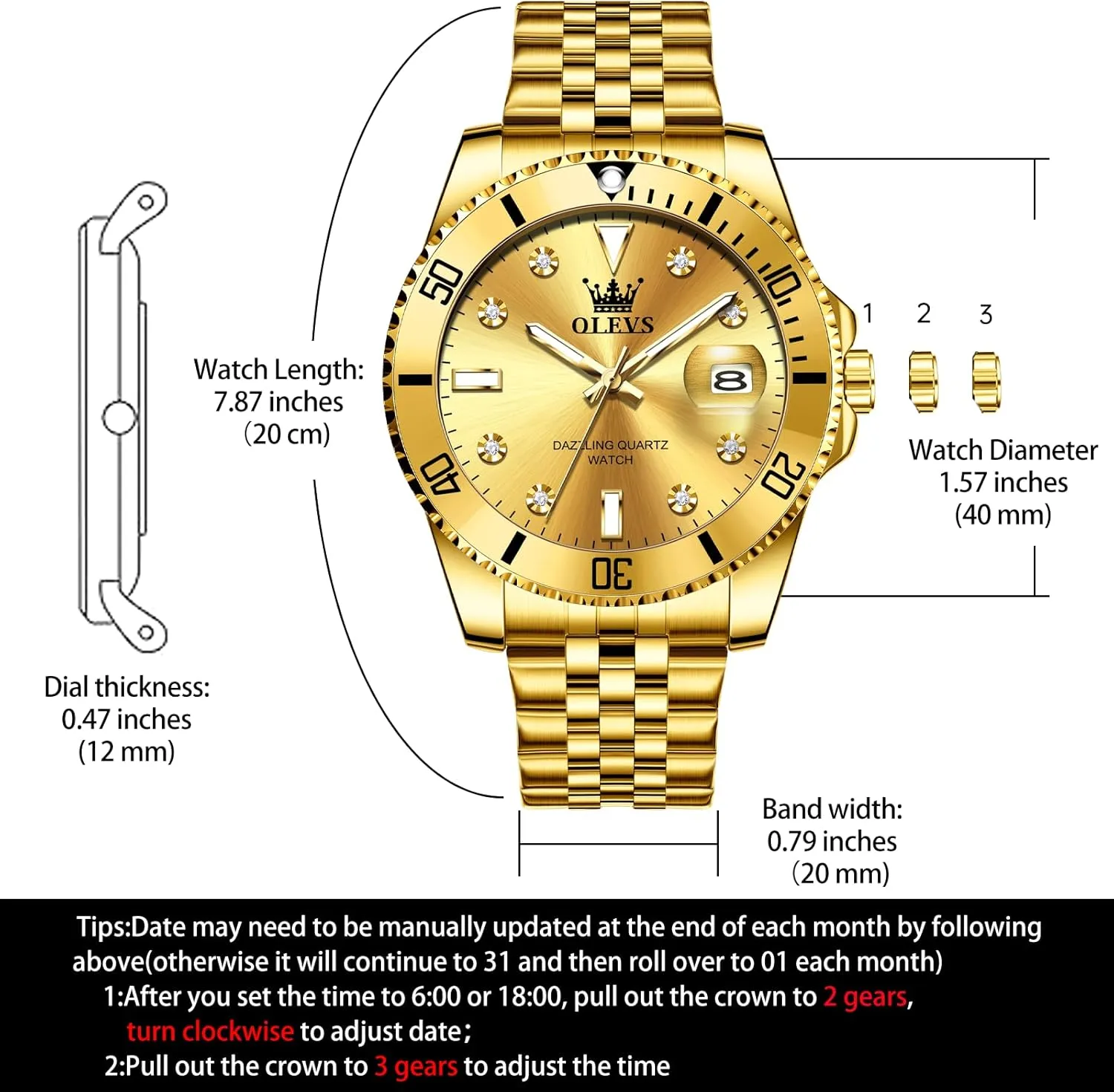 Stainless Steel Dress Mens Watches with Date Luxury Diamond Big Face dryness Waterproof Blue/Black/Green/Gold/Red Dial Relojes para Hombres OLEVS Watches for Mens 
