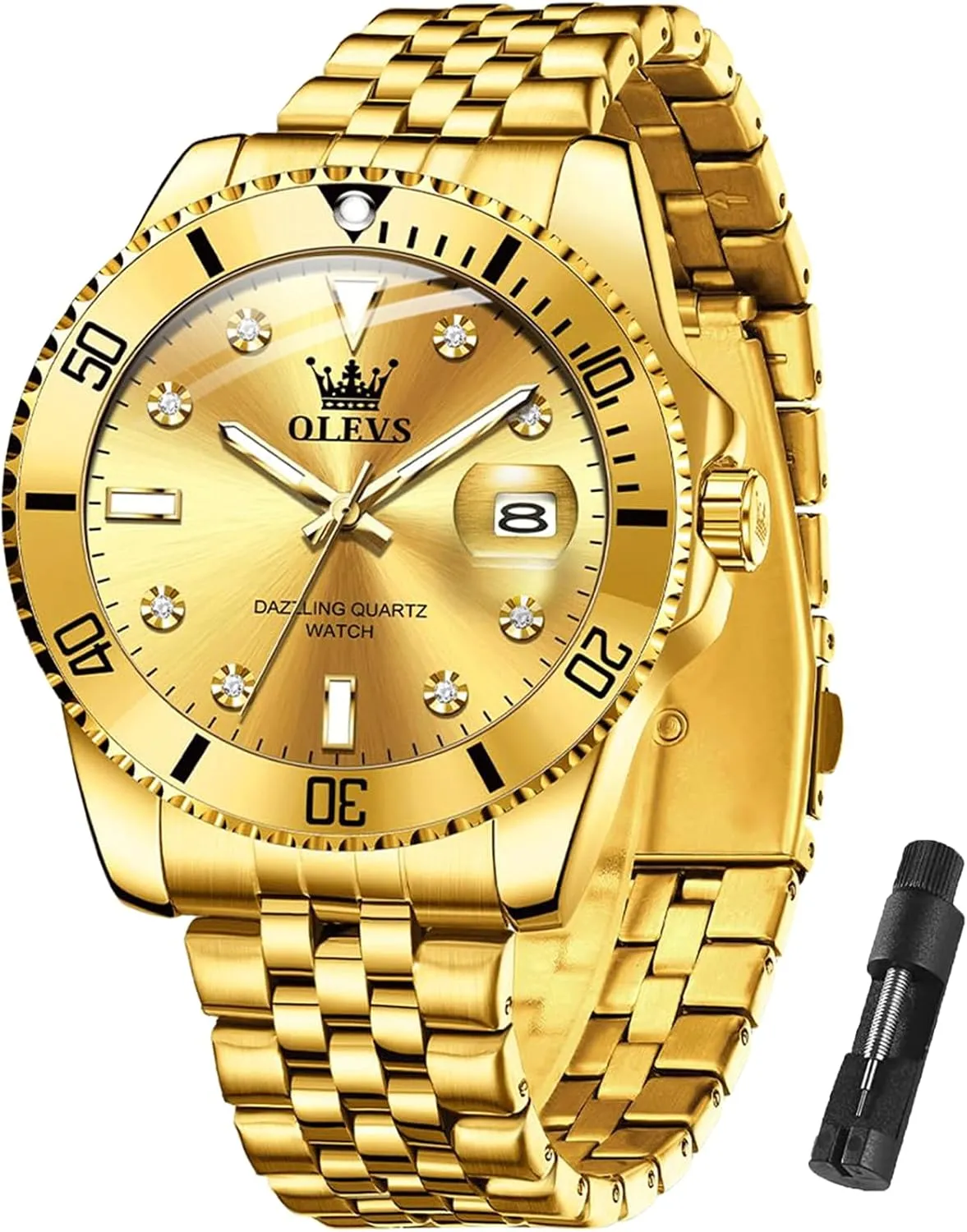 Stainless Steel Dress Mens Watches with Date Luxury Diamond Big Face dryness Waterproof Blue/Black/Green/Gold/Red Dial Relojes para Hombres OLEVS Watches for Mens 