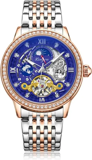 Stainless Steel Moon announce tricycle Phase Mechanical Watch Suitable for Daily Business Attire Luxury Diamond Studded Tourbillon Hollow Dial Men's Fully Automatic 