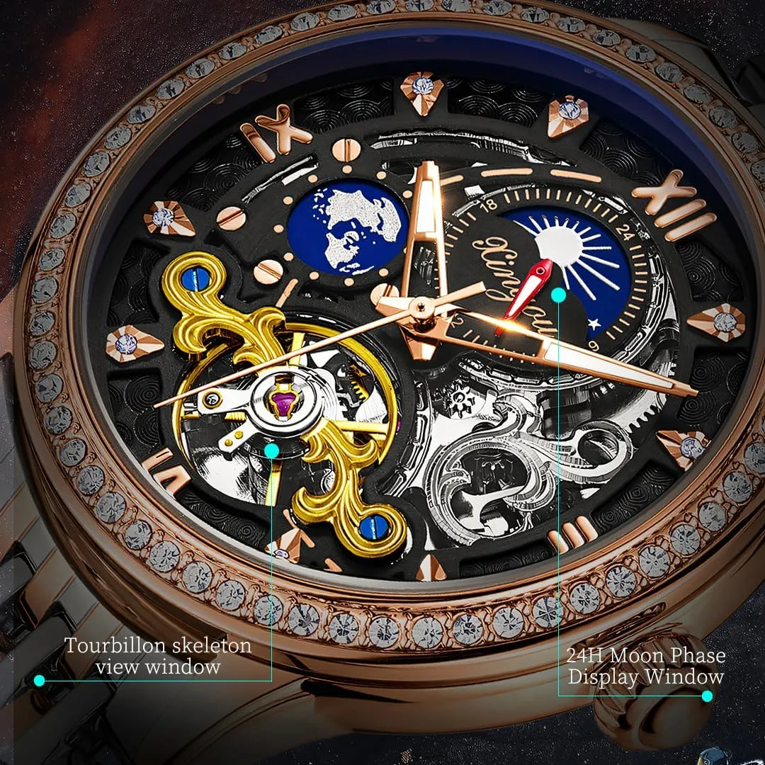 Stainless Steel Moon announce tricycle Phase Mechanical Watch Suitable for Daily Business Attire Luxury Diamond Studded Tourbillon Hollow Dial Men's Fully Automatic 