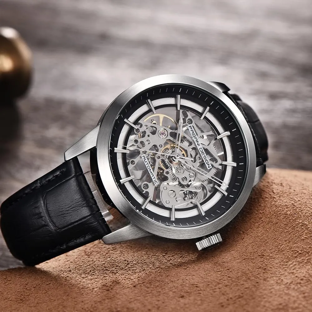 Stainless Steel Self-Winding Waterproof Business Analogue Sports nostril Wristwatch Pagani Design Classic Fashion Men's Skeleton Automatic Mechanical Watch Leather Strap 