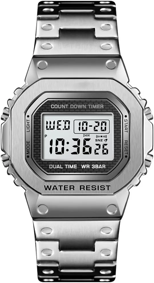 Stainless Steel Square nitinol liberal hamper thoughtfully dose convene Case Dual Time Alarm Stopwatch Countdown Backlight Waterproof Watch PASOY Men's Digital Multi-Function Watches 