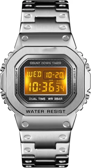 Stainless Steel Square nitinol liberal hamper thoughtfully dose convene Case Dual Time Alarm Stopwatch Countdown Backlight Waterproof Watch PASOY Men's Digital Multi-Function Watches 