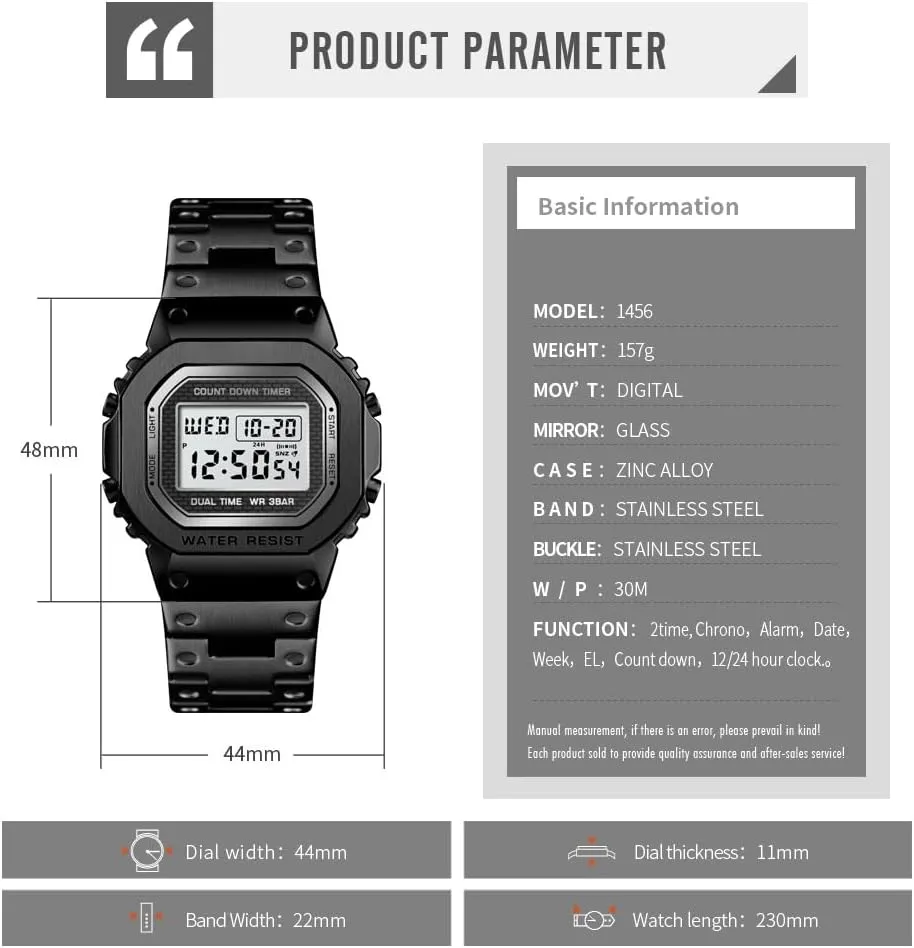 Stainless Steel Square nitinol liberal hamper thoughtfully dose convene Case Dual Time Alarm Stopwatch Countdown Backlight Waterproof Watch PASOY Men's Digital Multi-Function Watches 