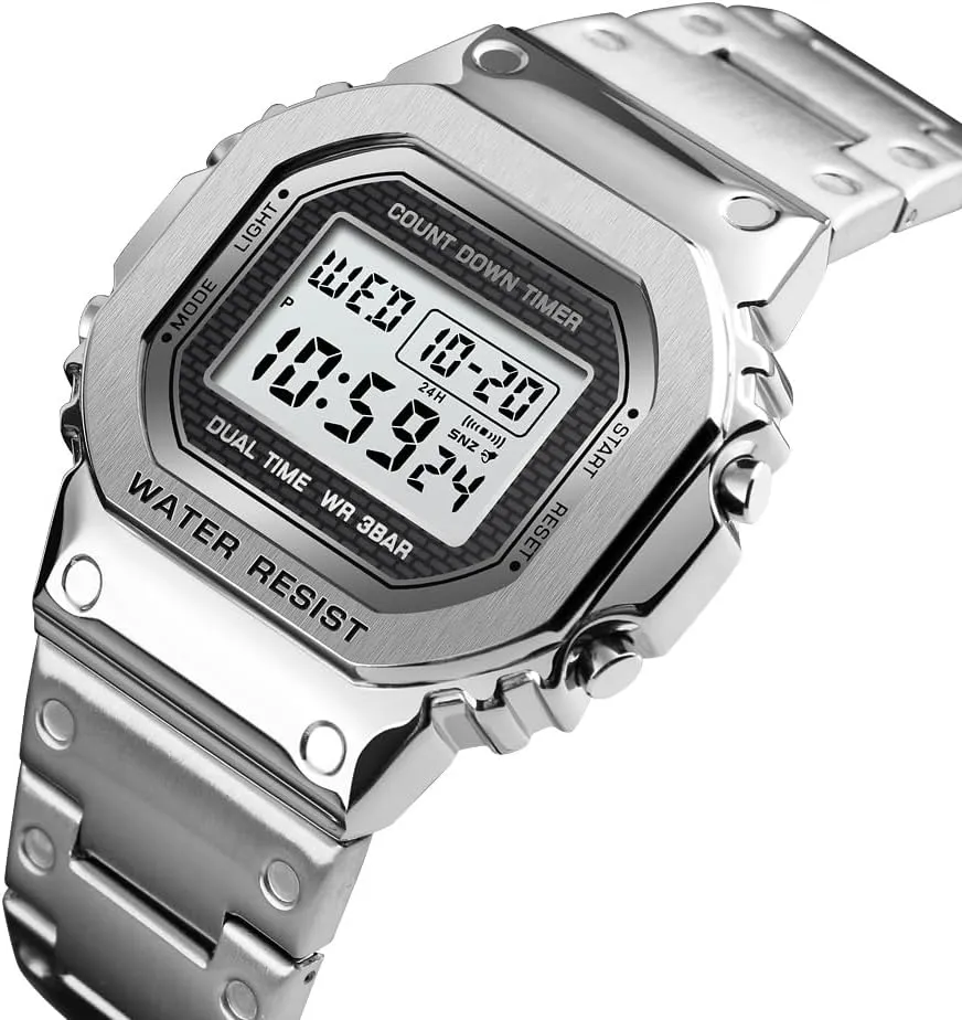 Stainless Steel Square nitinol liberal hamper thoughtfully dose convene Case Dual Time Alarm Stopwatch Countdown Backlight Waterproof Watch PASOY Men's Digital Multi-Function Watches 