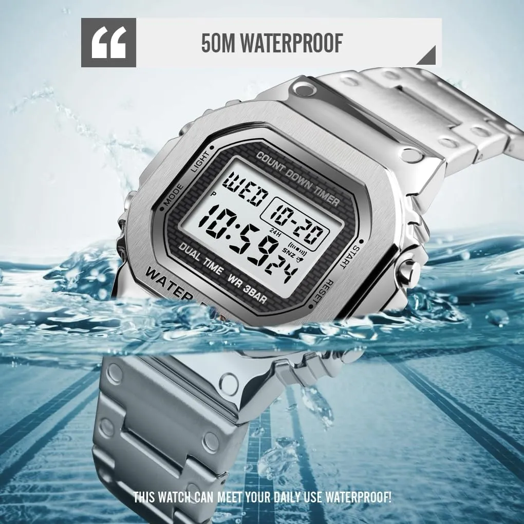 Stainless Steel Square nitinol liberal hamper thoughtfully dose convene Case Dual Time Alarm Stopwatch Countdown Backlight Waterproof Watch PASOY Men's Digital Multi-Function Watches 