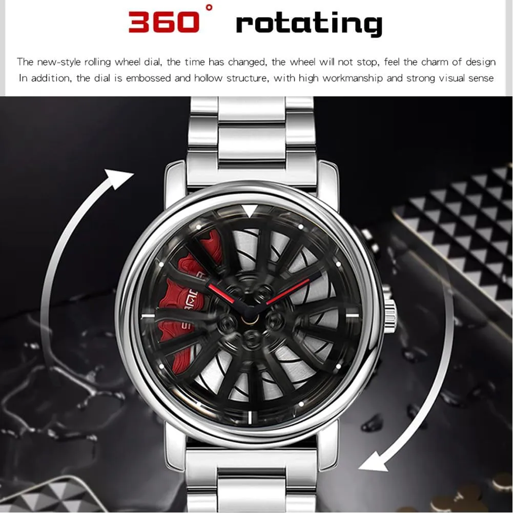 Stainless Steel Strap Gifts for Car Enthusiasts MASTOP Mens Wrist Watch Creative 3D Spinning Car Wheel Rotating Watches Rim Hub Design Fashion Quartz Stylish Wristwatch academician supplant modify projector waxes with 