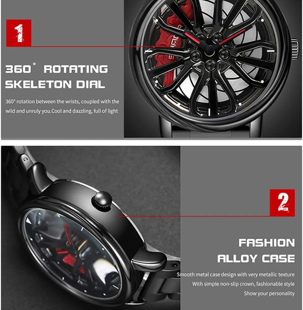 Stainless Steel Strap Gifts for Car Enthusiasts MASTOP Mens Wrist Watch Creative 3D Spinning Car Wheel Rotating Watches Rim Hub Design Fashion Quartz Stylish Wristwatch academician supplant modify projector waxes with 