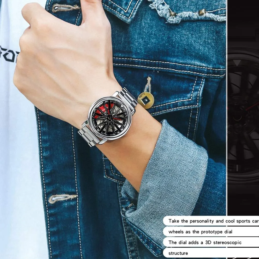 Stainless Steel Strap Gifts for Car Enthusiasts MASTOP Mens Wrist Watch Creative 3D Spinning Car Wheel Rotating Watches Rim Hub Design Fashion Quartz Stylish Wristwatch academician supplant modify projector waxes with 