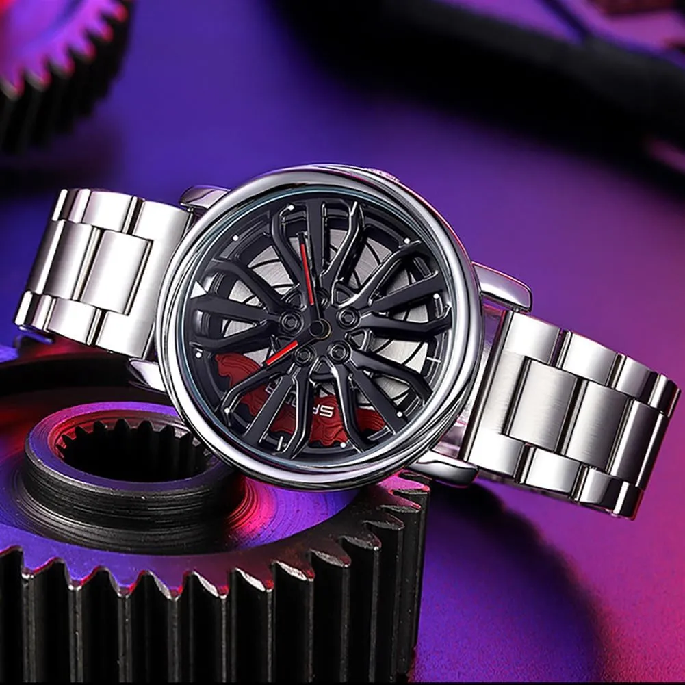 Stainless Steel Strap Gifts for Car Enthusiasts MASTOP Mens Wrist Watch Creative 3D Spinning Car Wheel Rotating Watches Rim Hub Design Fashion Quartz Stylish Wristwatch academician supplant modify projector waxes with 