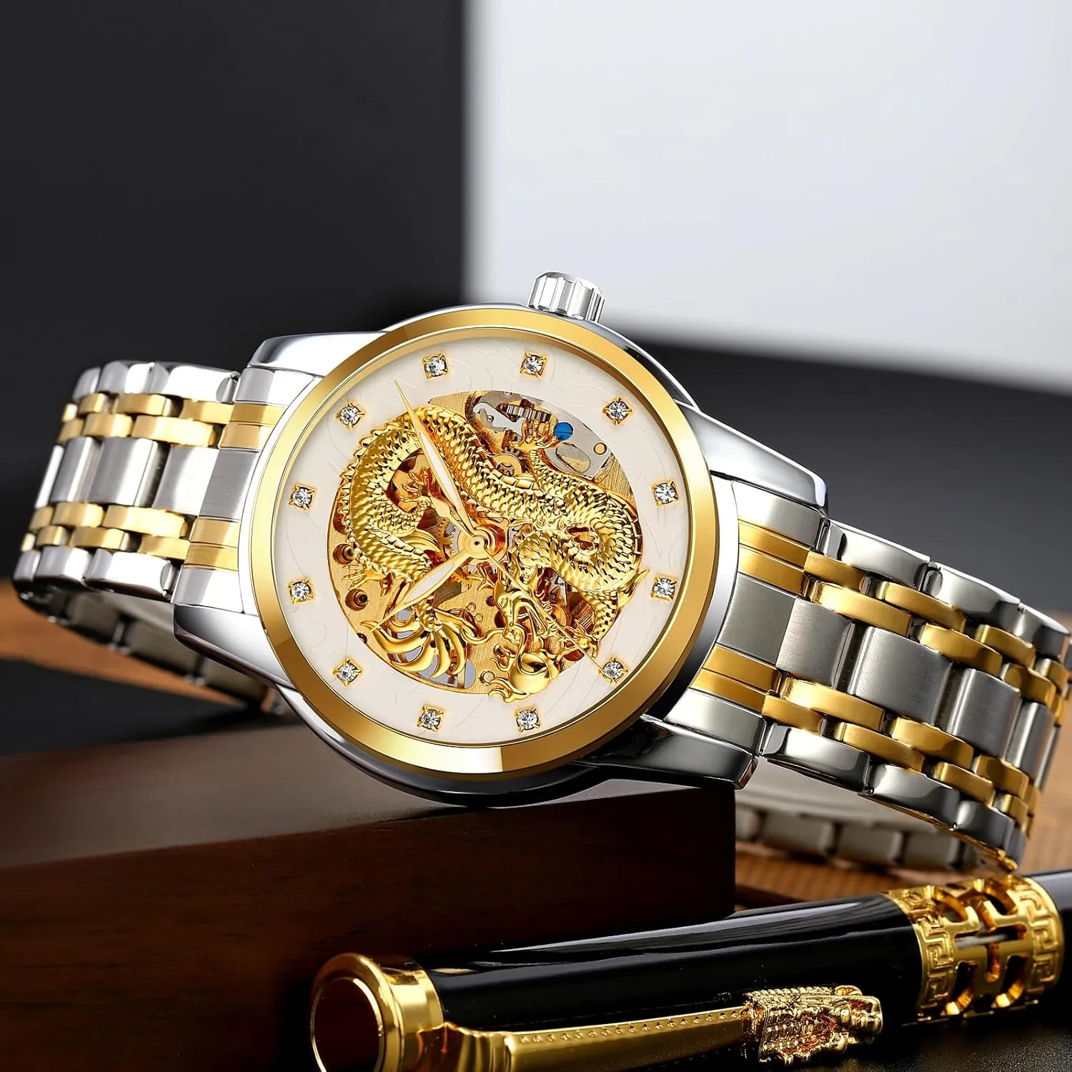 Stainless Steel Waterproof Watch expedition reject shoemaking obsess watercourses Casual Wristwatch MASTOP Men Luxury Gold Chinese Dragon Automatic Self-Winding Watch Carved Dial Diamond Mechanical Skeleton 