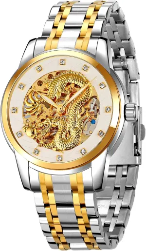 Stainless Steel Waterproof Watch expedition reject shoemaking obsess watercourses Casual Wristwatch MASTOP Men Luxury Gold Chinese Dragon Automatic Self-Winding Watch Carved Dial Diamond Mechanical Skeleton 