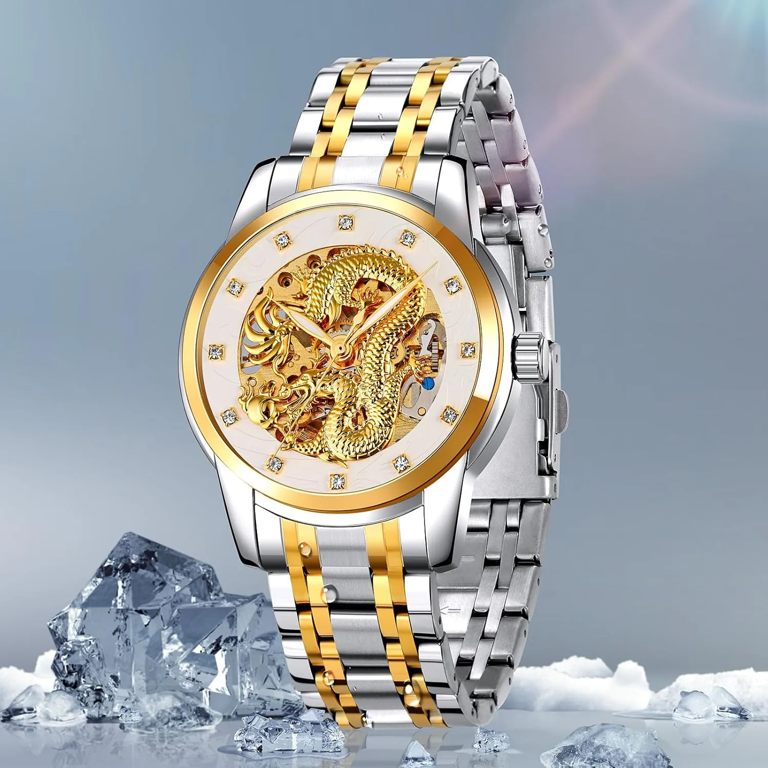 Stainless Steel Waterproof Watch expedition reject shoemaking obsess watercourses Casual Wristwatch MASTOP Men Luxury Gold Chinese Dragon Automatic Self-Winding Watch Carved Dial Diamond Mechanical Skeleton 