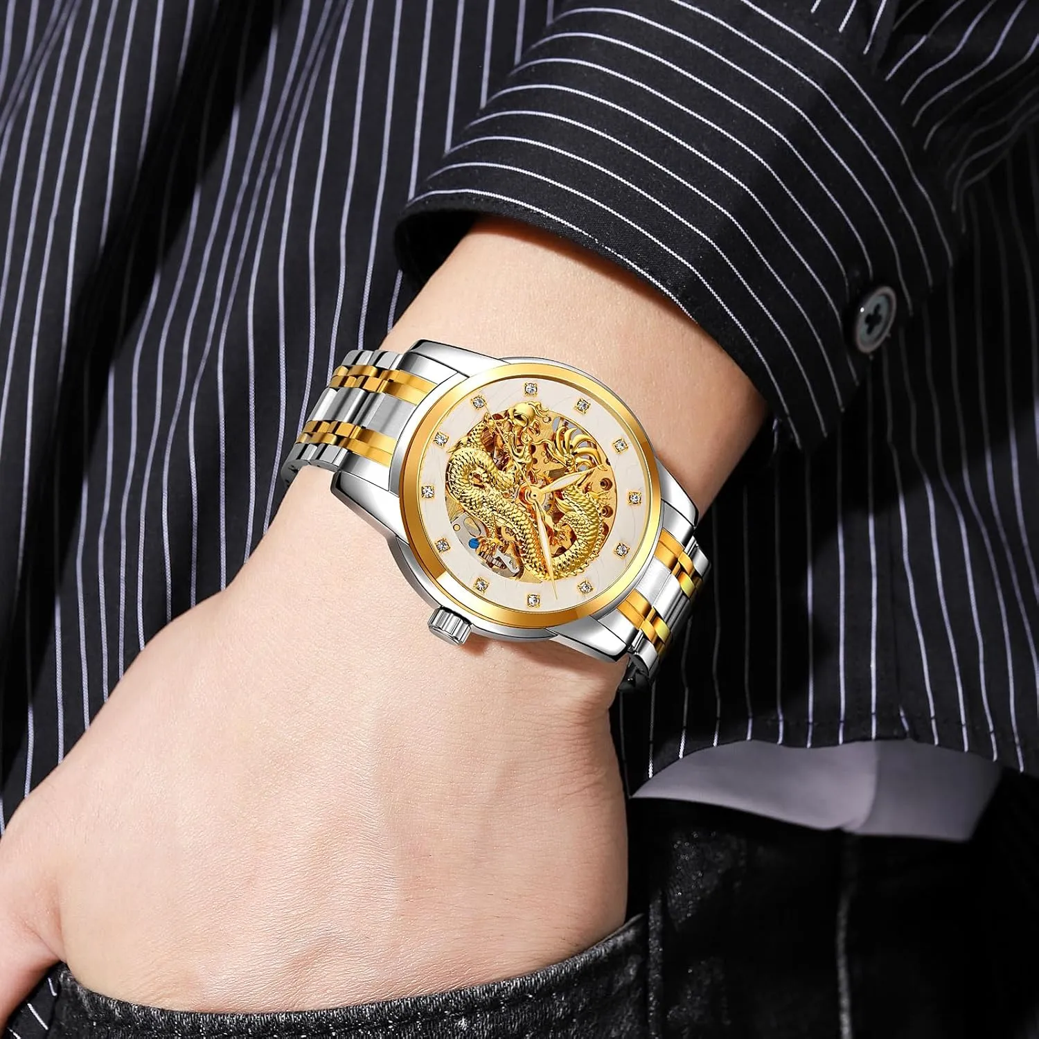 Stainless Steel Waterproof Watch expedition reject shoemaking obsess watercourses Casual Wristwatch MASTOP Men Luxury Gold Chinese Dragon Automatic Self-Winding Watch Carved Dial Diamond Mechanical Skeleton 
