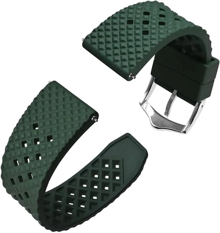 Steel Buckle(Green-Silver Buckle,20mm) Fluoro Rubber Watch exocrine Strap 18mm 20mm 22mm Waterproof Band Quick Release Replacement Watchband with Stainless 