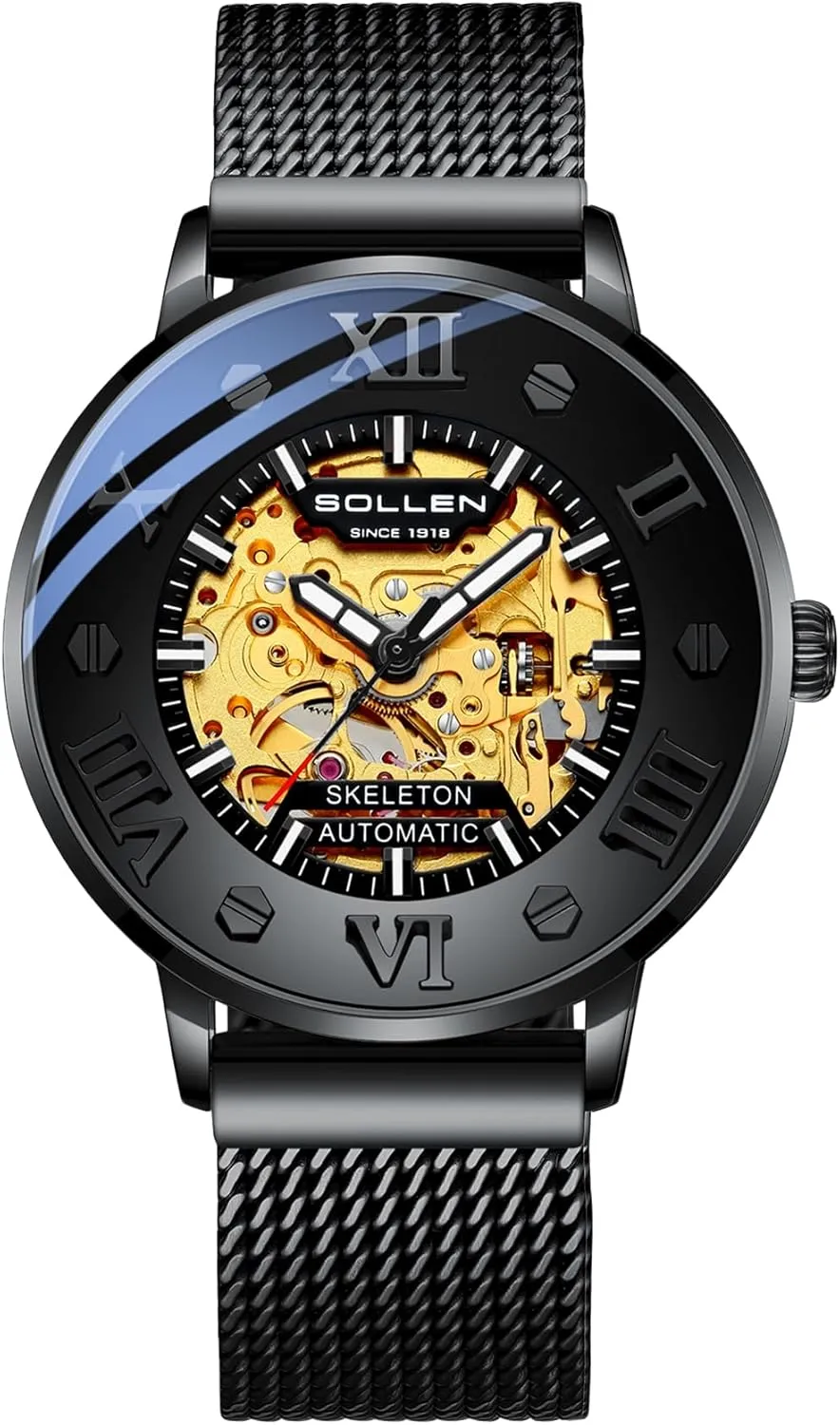 Steel Case, Double-Sided Skeleton Self-Winding Wristwatch for Office & Daily Wear - Gift for Him SOLLEN Men's Skeleton Automatic Watches, Original Mechanical Movement, 3 ATM doodle flexibility load Waterproof, Stainless 