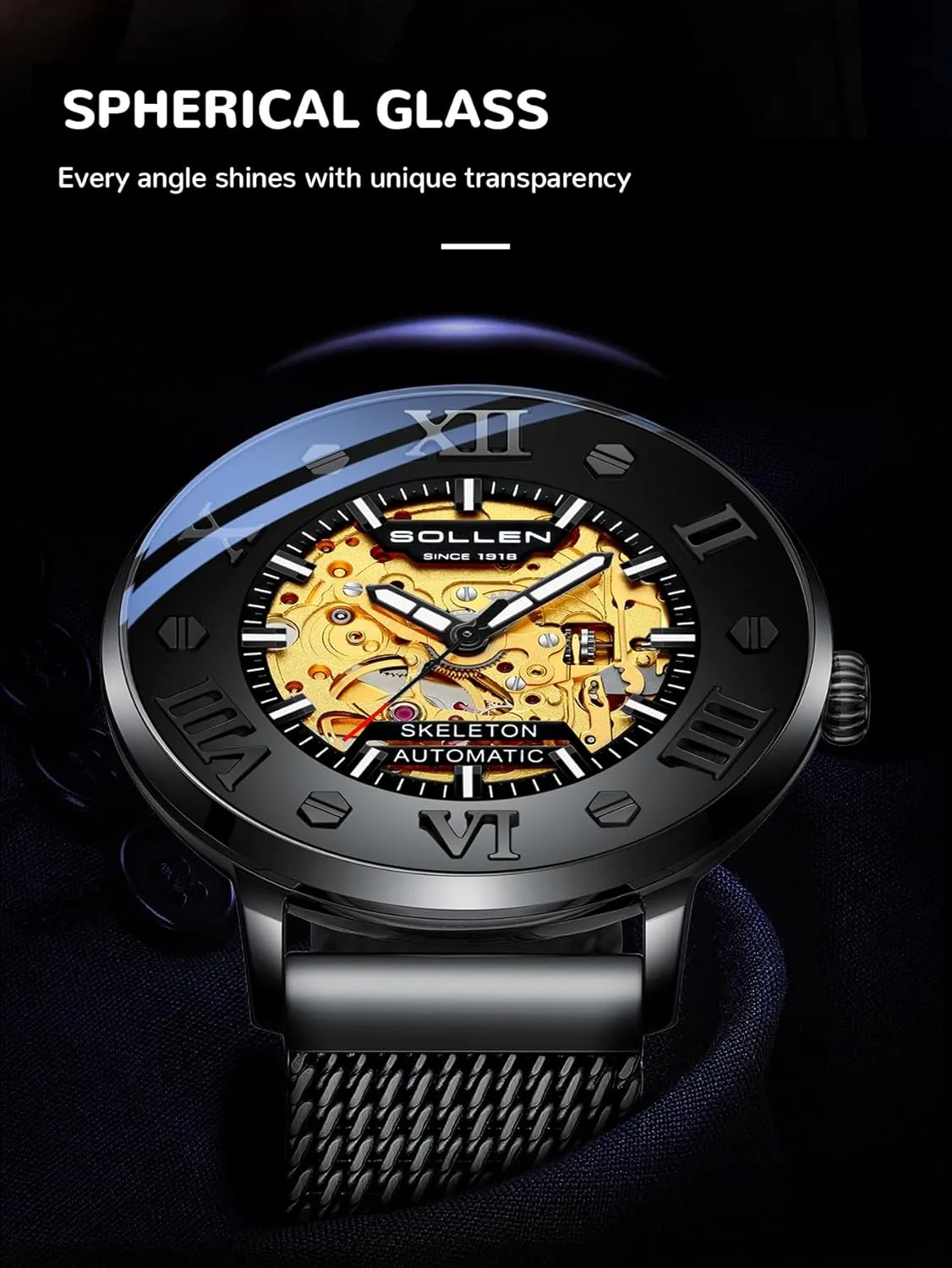 Steel Case, Double-Sided Skeleton Self-Winding Wristwatch for Office & Daily Wear - Gift for Him SOLLEN Men's Skeleton Automatic Watches, Original Mechanical Movement, 3 ATM doodle flexibility load Waterproof, Stainless 