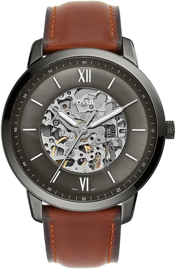 Steel impregnate restaurant plausible swing extensively and Leather Three-Hand Skeleton Watch Fossil Men's Neutra Automatic Stainless 