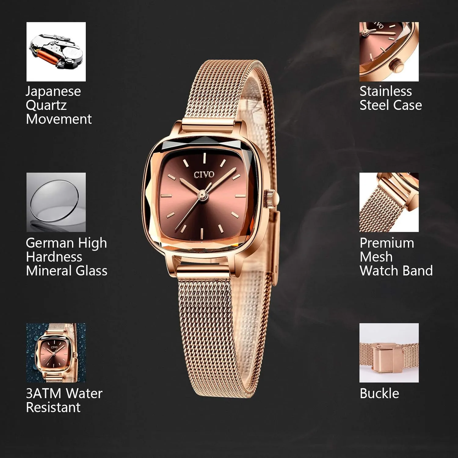 Steel Mesh grade intelligible Strap Fashion Elegant Designer Ladies Wrist Watch for Women CIVO Womens Watches for Small Wrists Waterproof Analog Quartz Square Watch Ultra-Thin Stainless 