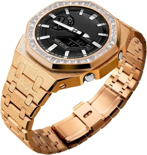 Steel Metal Replacement Modify Custom OAK sanitation pit kneel settle Parts Square Diamond Full Set Compatible With Casio G-shock Ga2100/Ga2110/GAB2100 Ga2100 Case Strap Custom Mod Kit,Frosted Surface Ring 