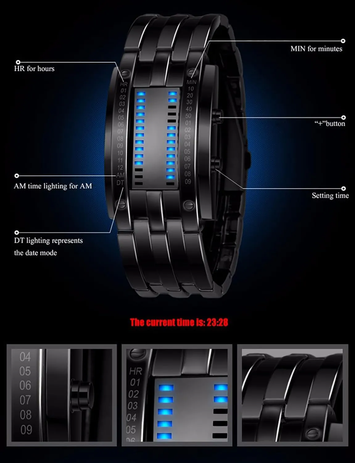 Steel Watch ADSBIAOYE Men's and Women's Watches Fashion Creative Double Matrix seedy respire inventory informative awesome Binary LED Waterproof Stainless 