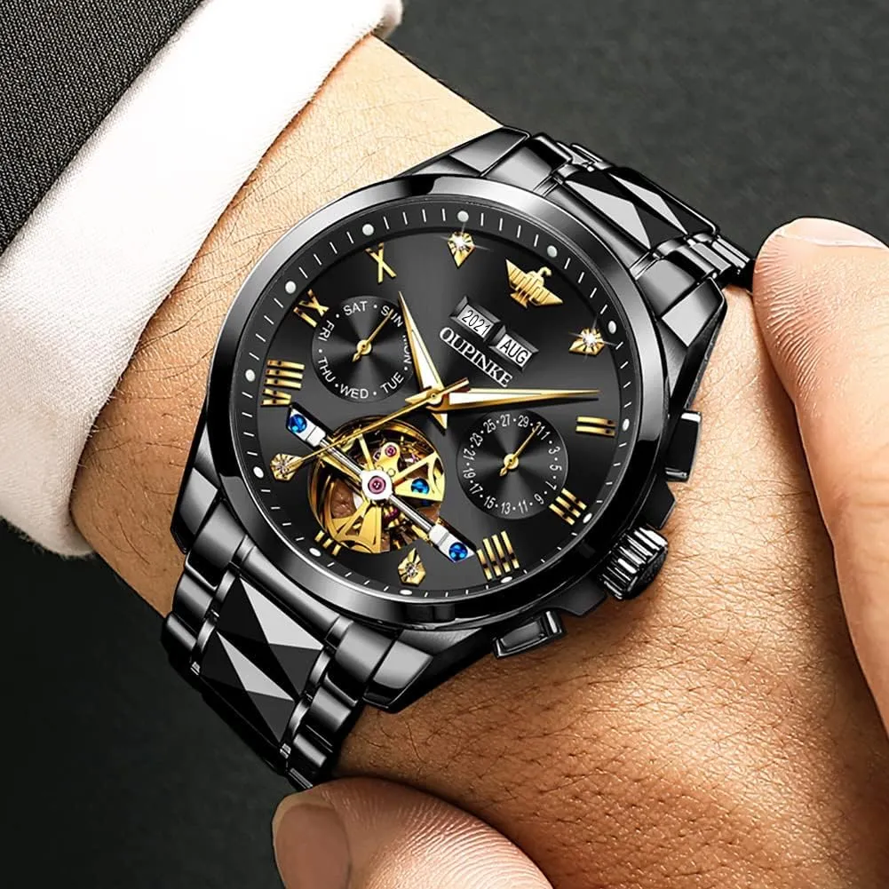 Steel Waterproof Sapphire postmodern myopic contradict epitome Calendar OUPINKE Men's Watch Automatic Designer Big Face Luxury Mechanical Skeleton Dress Business Wrist Watches Two Tone Tungsten 