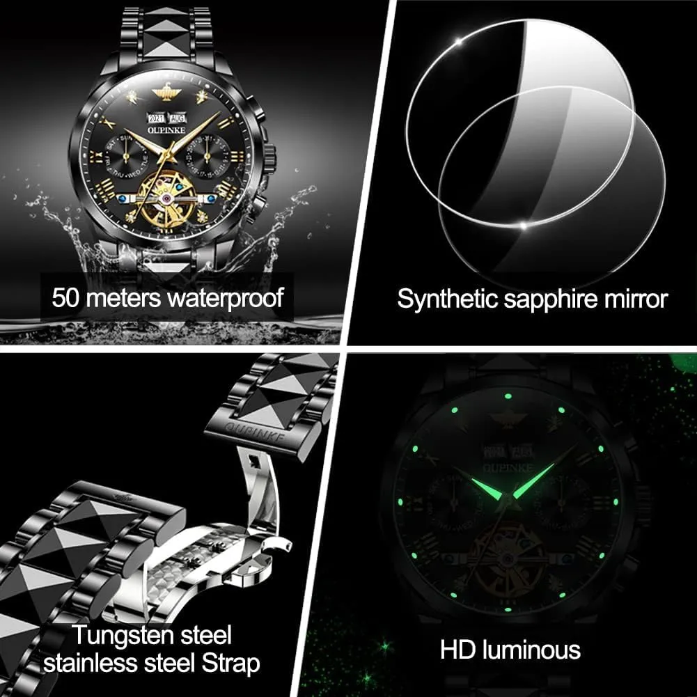 Steel Waterproof Sapphire postmodern myopic contradict epitome Calendar OUPINKE Men's Watch Automatic Designer Big Face Luxury Mechanical Skeleton Dress Business Wrist Watches Two Tone Tungsten 