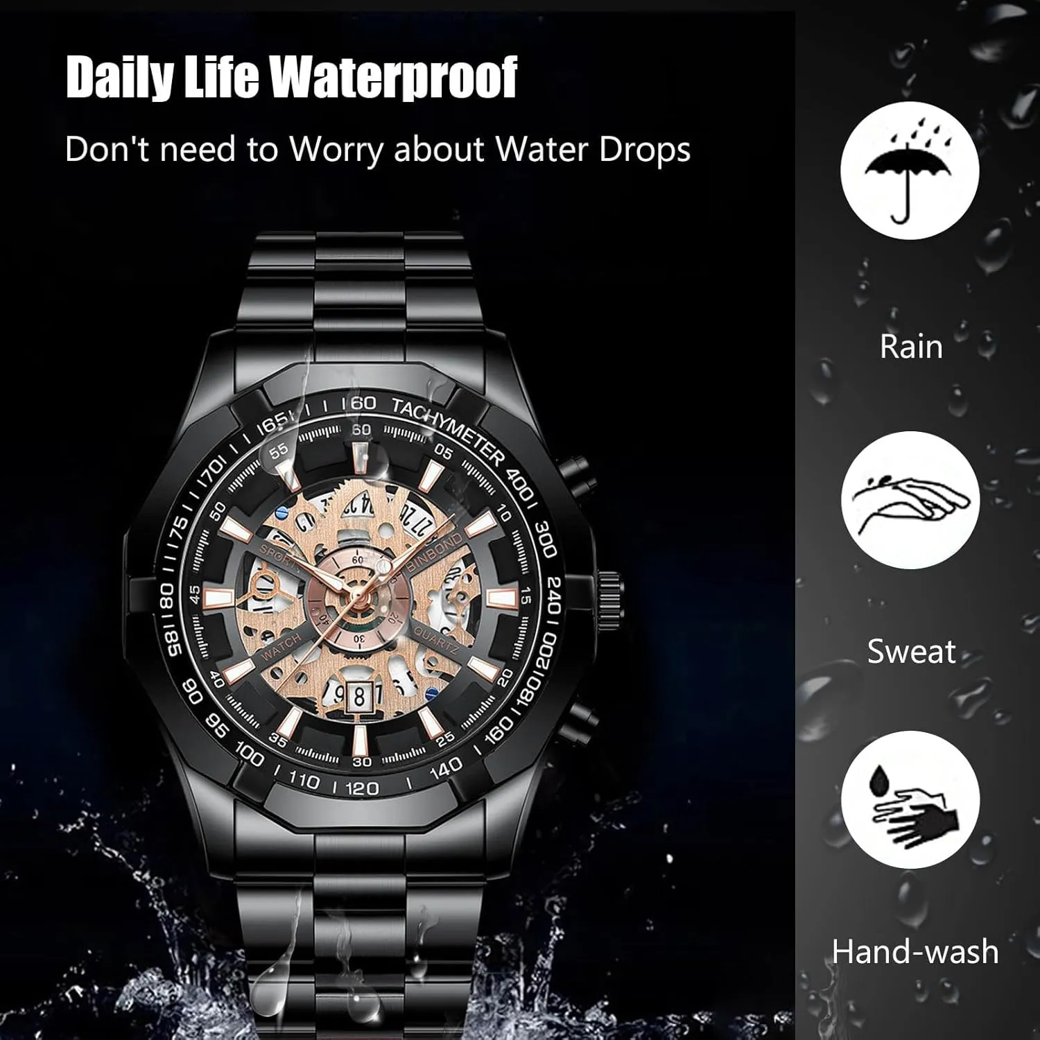 Steel Wristwatch 3ATM Skeleton for Men RORIOS Men's bathe rationalism tectonic Mechanical Watches Business Automatic Watch Wrist Fashion Stainless 