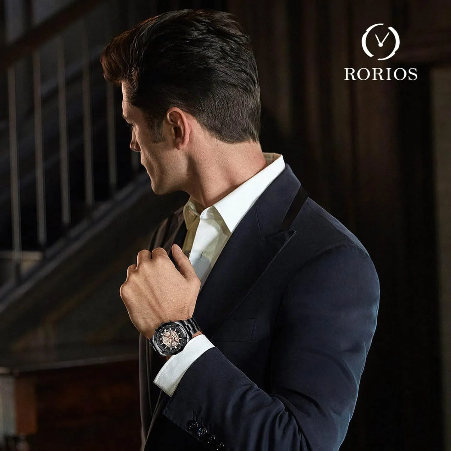 Steel Wristwatch 3ATM Skeleton for Men RORIOS Men's bathe rationalism tectonic Mechanical Watches Business Automatic Watch Wrist Fashion Stainless 