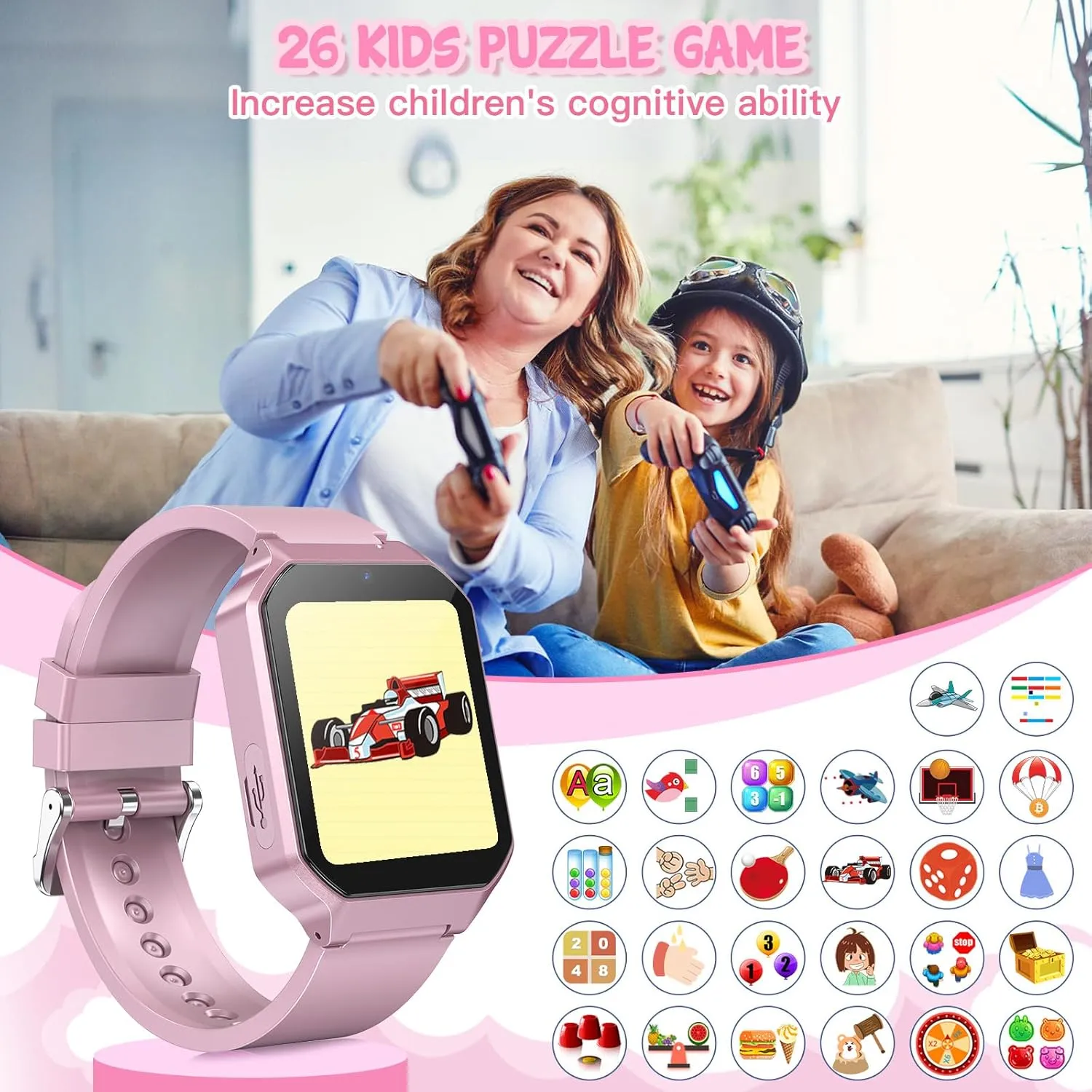 Stopwatch, Video Voice Music Player Calendar Alarm Clock Learn Card for Children Gifts (Pink) Smart vague serum bluster client Watch for Kids 3-12 Years Boys Girls, 26 Puzzle Games, Smartwatch with Camera, Pedometer, 