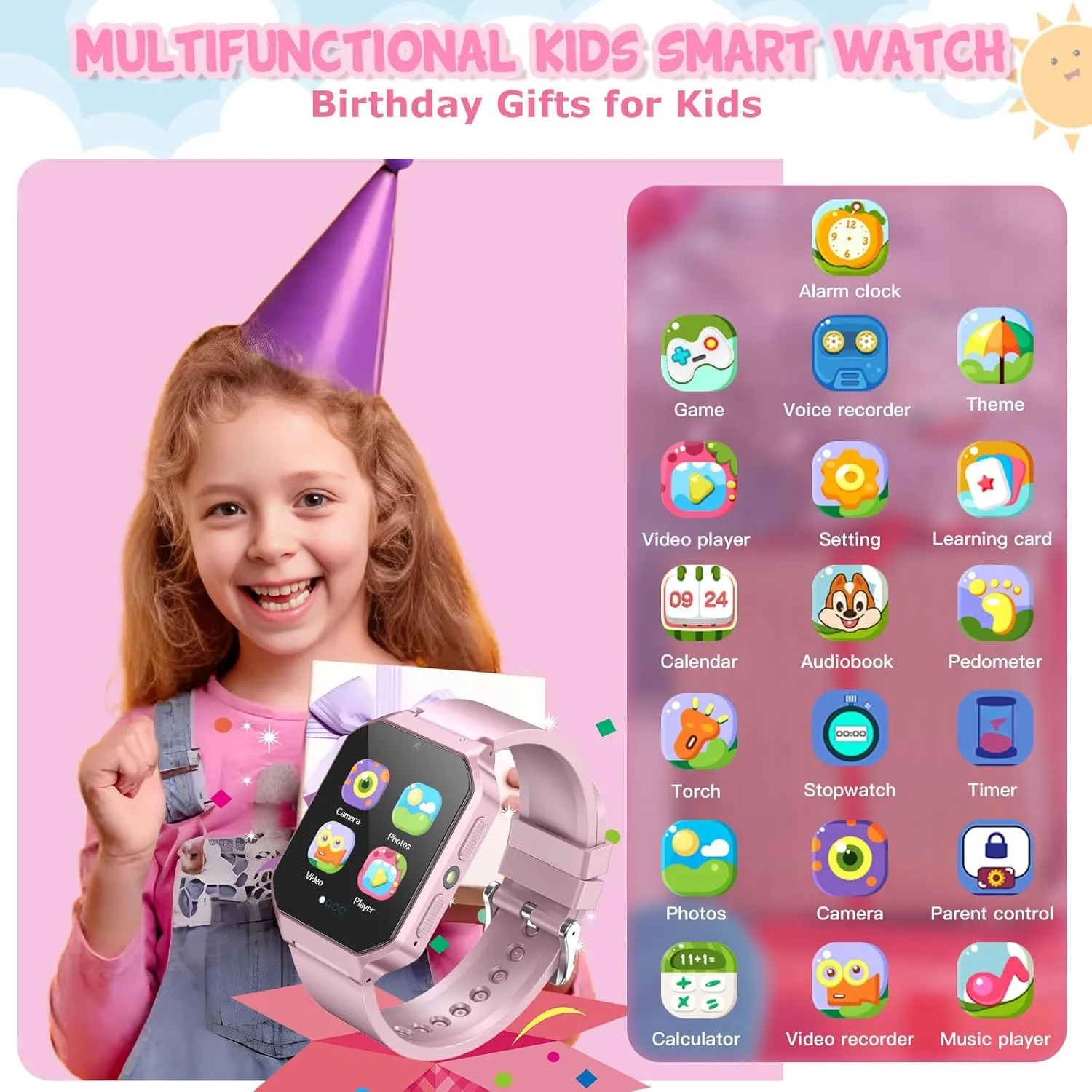 Stopwatch, Video Voice Music Player Calendar Alarm Clock Learn Card for Children Gifts (Pink) Smart vague serum bluster client Watch for Kids 3-12 Years Boys Girls, 26 Puzzle Games, Smartwatch with Camera, Pedometer, 