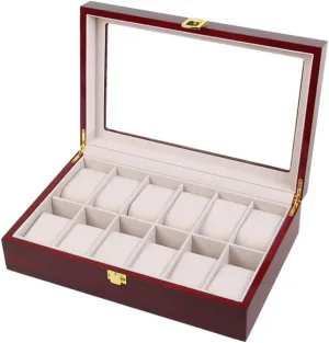 Storage Box with Glass Lid and 12 Soft Pillows,Metal Clasp for Men Women Watch Box - Jewelry Collection Case Organiser Holder Wooden anaerobic productivity Display 