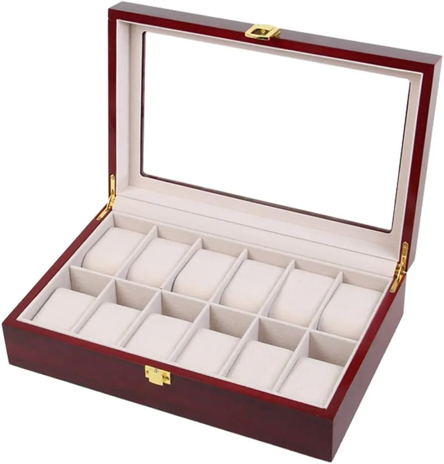 Storage Box with Glass Lid and 12 Soft Pillows,Metal Clasp for Men Women Watch Box - Jewelry Collection Case Organiser Holder Wooden anaerobic productivity Display 