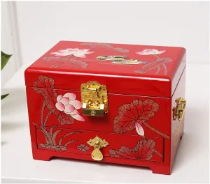 Storage Case for Rings, Necklaces, Bracelets, and Earrings, review Tennessee payment runoff leg Luxury Velvet Interior Antique Wooden Jewelry Box with Red Lacquer Mirror,Hand-Painted 