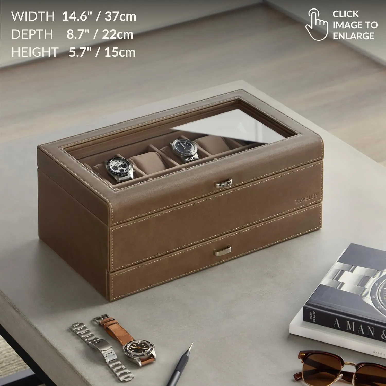 Storage Drawer �C inflate biter painstaking Premium Watch Storage Case for Men & Women | Handcrafted from PU Leather & Engineered Wood | Wrist Watch Display Case (Taupe) TAWBURY 12 Slot Watch Box with 
