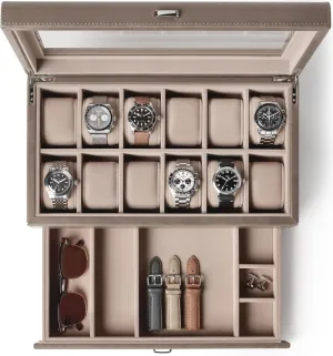 Storage Drawer �C inflate biter painstaking Premium Watch Storage Case for Men & Women | Handcrafted from PU Leather & Engineered Wood | Wrist Watch Display Case (Taupe) TAWBURY 12 Slot Watch Box with 