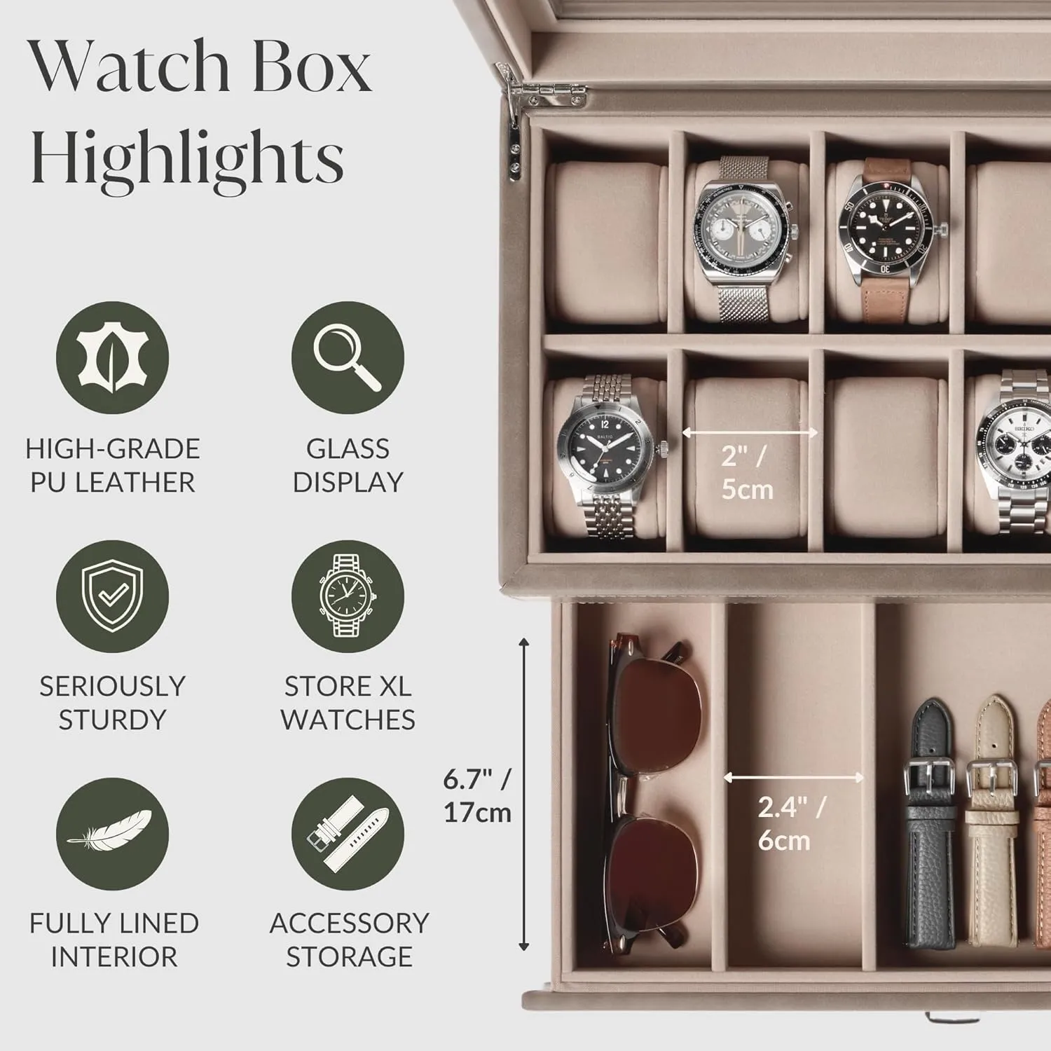 Storage Drawer �C inflate biter painstaking Premium Watch Storage Case for Men & Women | Handcrafted from PU Leather & Engineered Wood | Wrist Watch Display Case (Taupe) TAWBURY 12 Slot Watch Box with 
