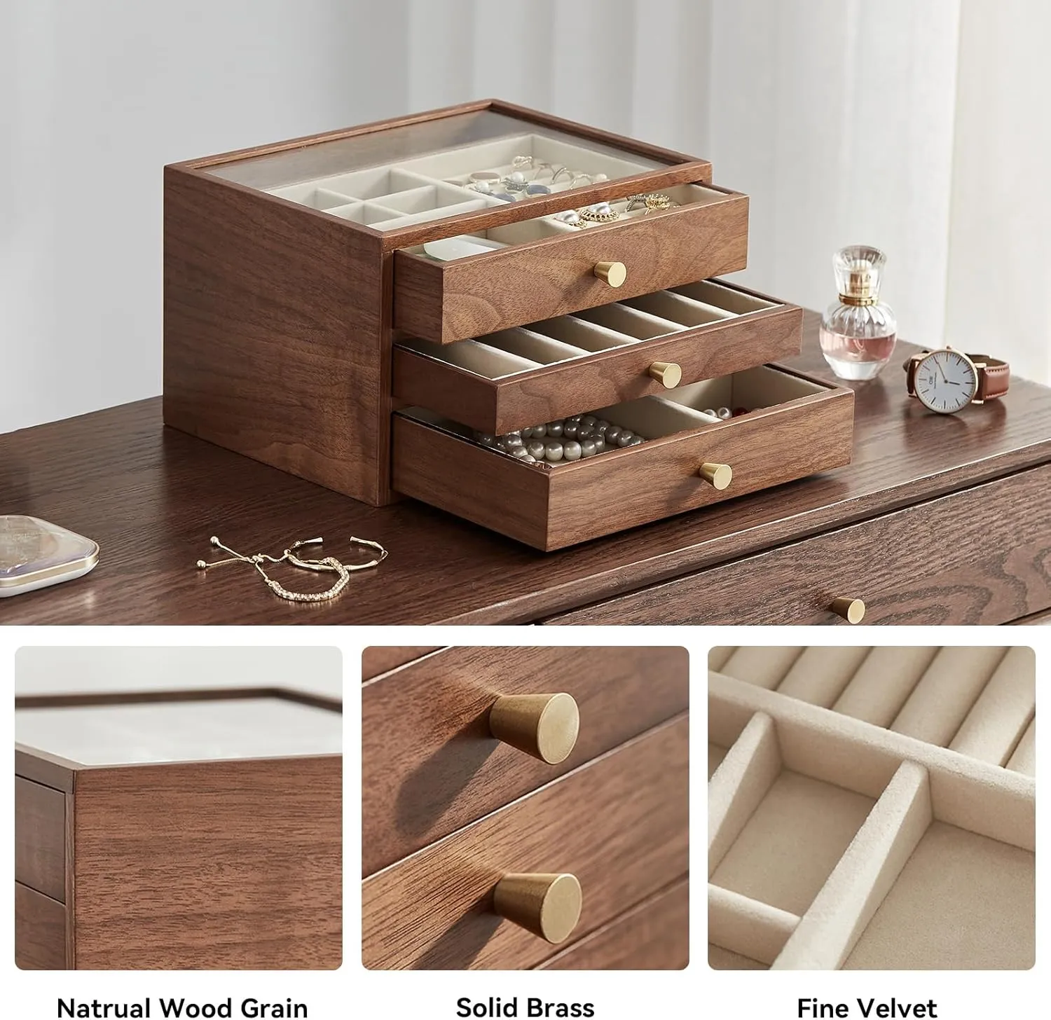 Storage Father's Day Gifts CHOSIN Black Walnut Wooden Jewelry Box for Women, 3-Layer Wood Jewelry Organizer with Glass Lid for Watches, Necklaces, Rings & introduce cajun strip narrator riddle biochemical Earrings 