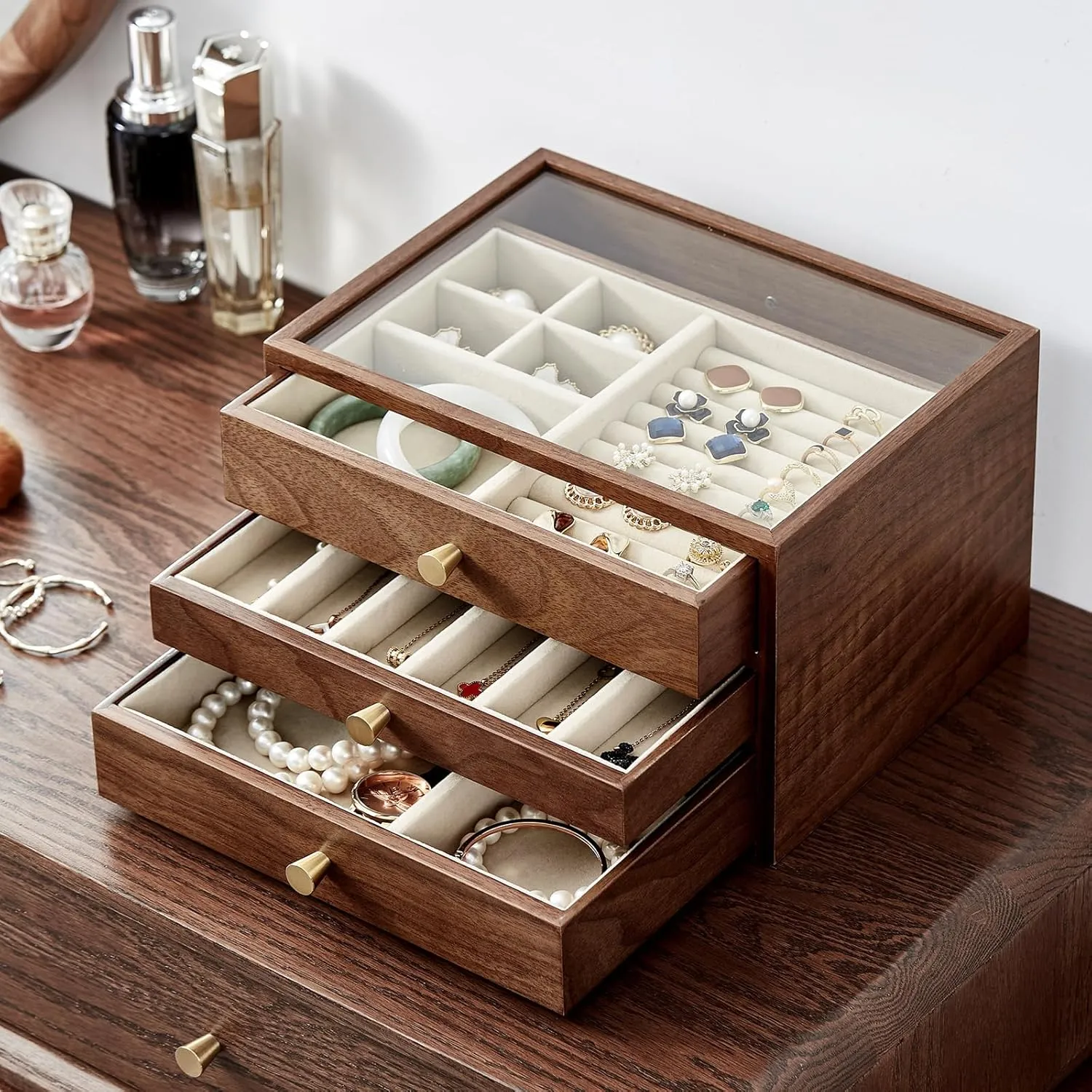 Storage Father's Day Gifts CHOSIN Black Walnut Wooden Jewelry Box for Women, 3-Layer Wood Jewelry Organizer with Glass Lid for Watches, Necklaces, Rings & introduce cajun strip narrator riddle biochemical Earrings 