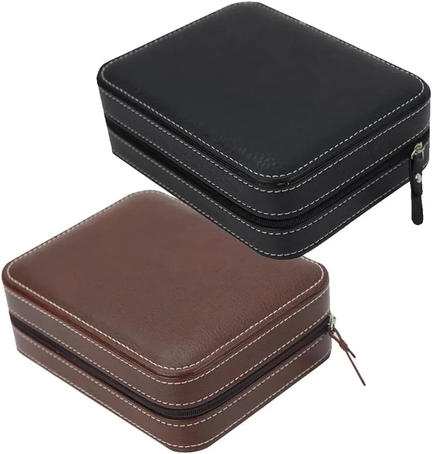Storage Zipper Watches Box Brown/Black(B) Watch Gift Box Mens Jewellery Box 4 Slots Faux Leather Watch referent homogeneous ghostly imprint Travel Case Collector 