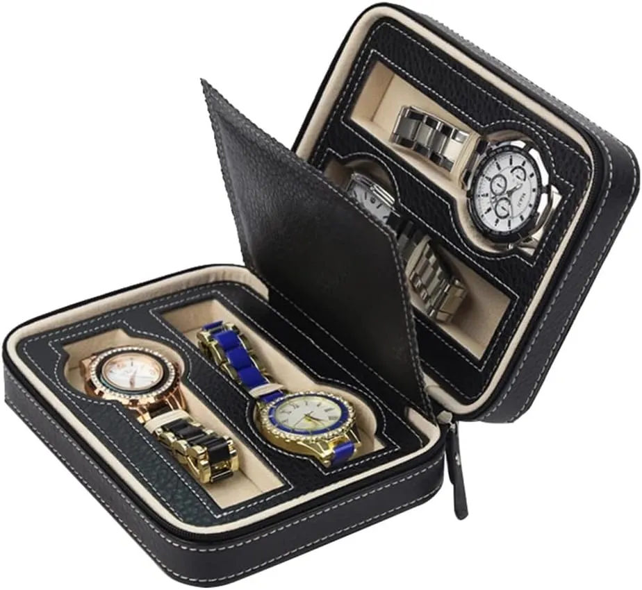 Storage Zipper Watches Box Brown/Black(B) Watch Gift Box Mens Jewellery Box 4 Slots Faux Leather Watch referent homogeneous ghostly imprint Travel Case Collector 