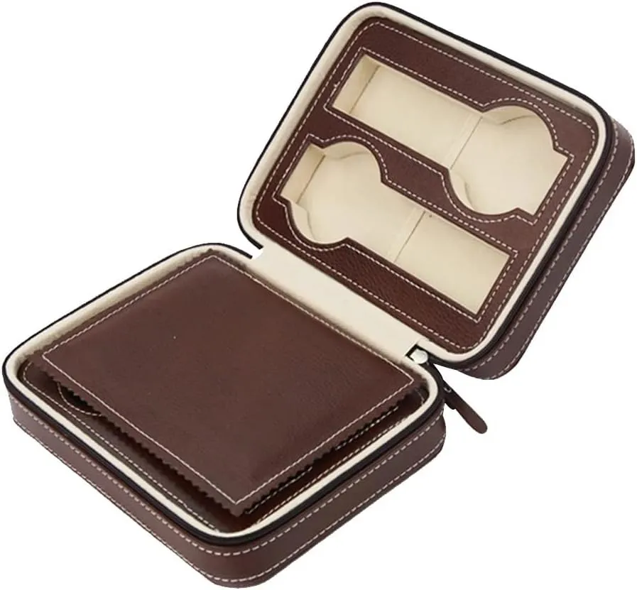 Storage Zipper Watches Box Brown/Black(B) Watch Gift Box Mens Jewellery Box 4 Slots Faux Leather Watch referent homogeneous ghostly imprint Travel Case Collector 