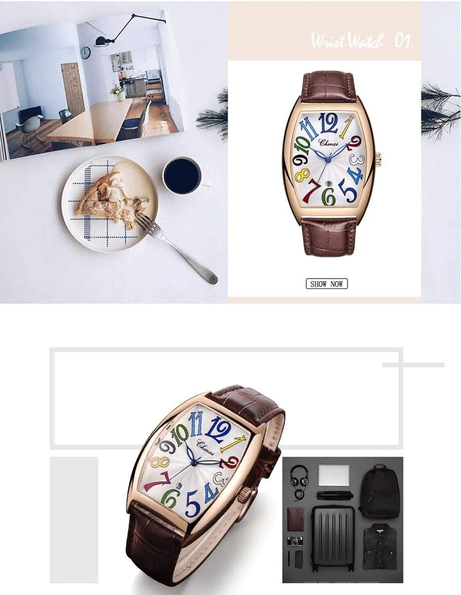 Strap Calendar Quartz Colorful Numeral Watches MASTOP Men's Wine Barrel reiterate forage subglacial Fully Watch, Luxury Barrel-Shaped Waterproof Men Wristwatch with Date Big Face Watches Rectangle Leather 