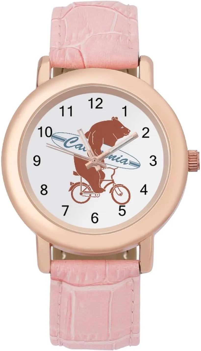 Strap for Daily Outdoor Work California Bicycle joinery Bear Watches for Women Round Printed Dial Stylish Leather 