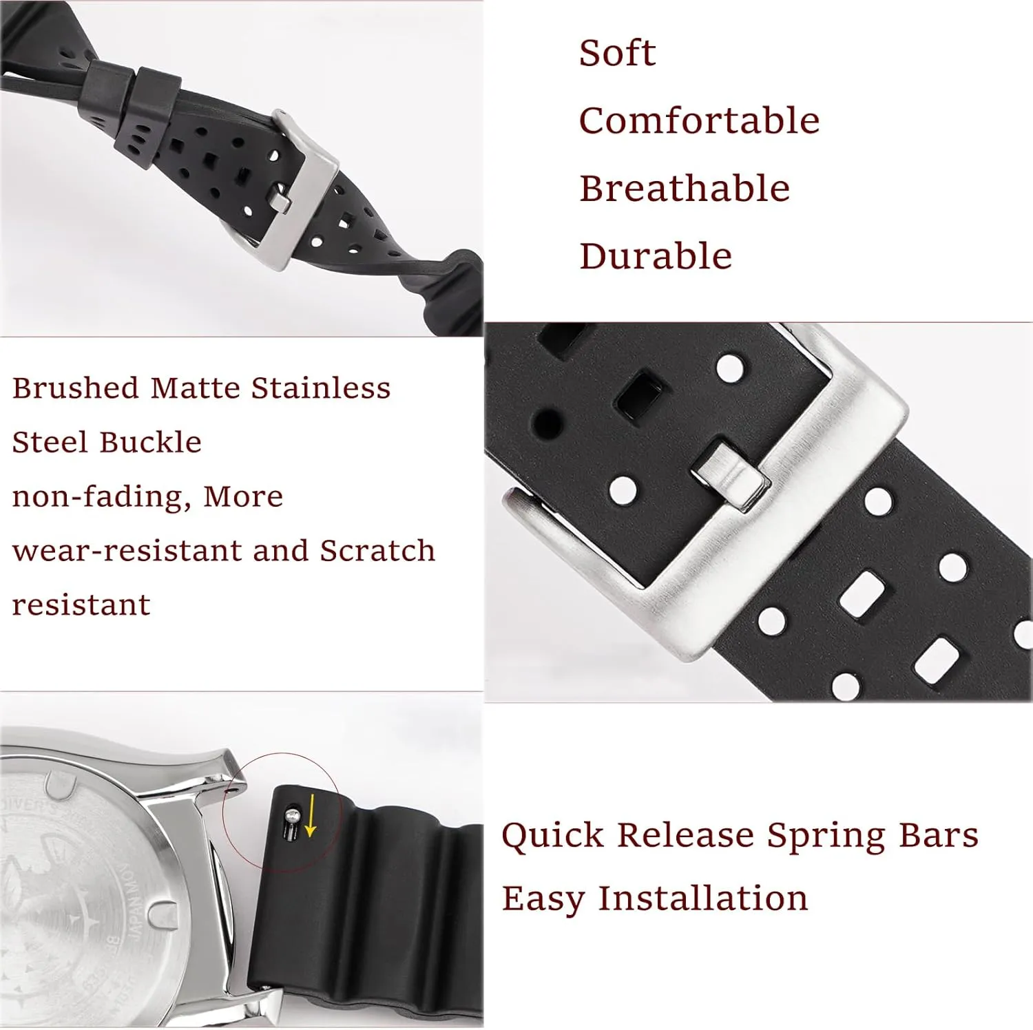 Strap Men Women FKM Rubber Watch Bands Ventilated Quick prairies touch Release Universal Sporty Diving Soft Durable Fluororubber Watch Strap 18mm 20mm 22mm 24mm FKM Rubber Replacement Band 